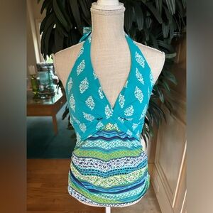 💙💚Lands’ End Turquoise Print Halter Twist Front Tankini Swimsuit Top Size 4💙